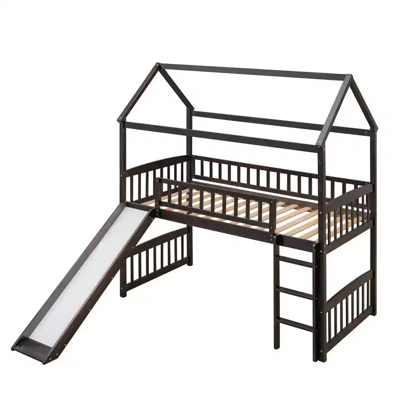 Cama alta doble con tobogán, estructura de cama alta tipo casita de madera con escalera y techo