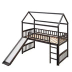 Cama alta doble con tobogán, estructura de cama alta tipo casita de madera con escalera y techo