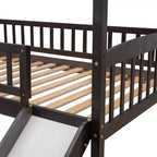 Cama alta doble con tobogán, estructura de cama alta tipo casita de madera con escalera y techo