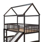 Cama alta doble con tobogán, estructura de cama alta tipo casita de madera con escalera y techo