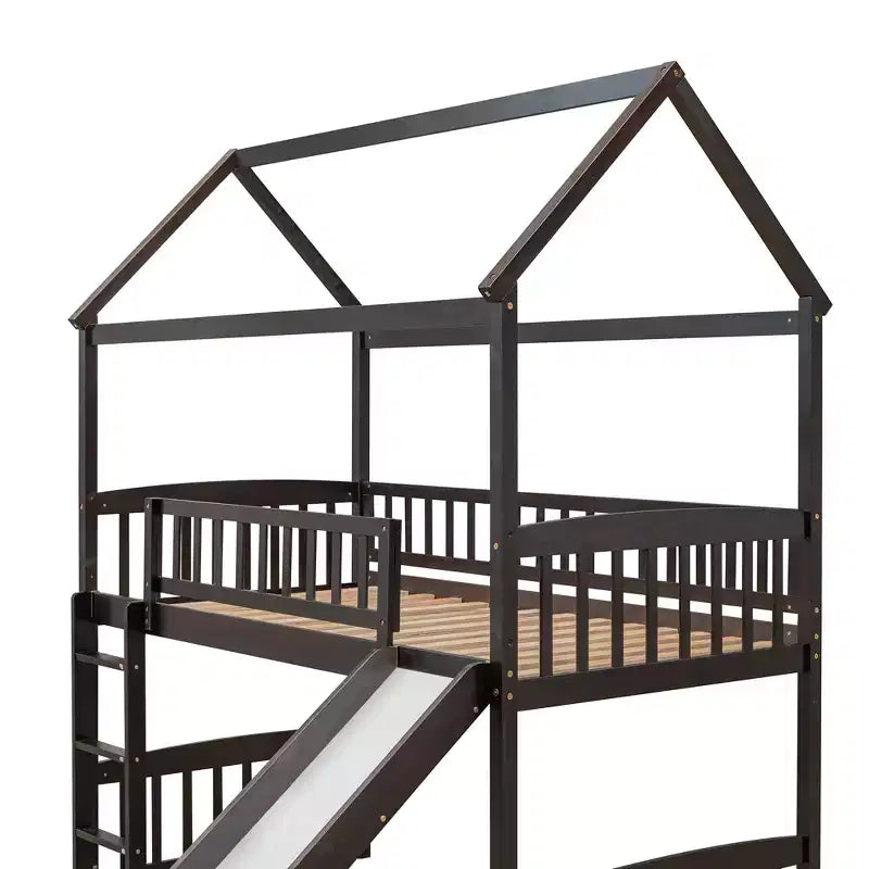 Cama alta doble con tobogán, estructura de cama alta tipo casita de madera con escalera y techo