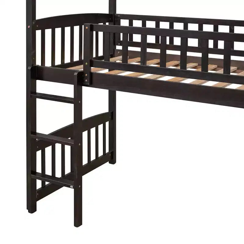 Cama alta doble con tobogán, estructura de cama alta tipo casita de madera con escalera y techo