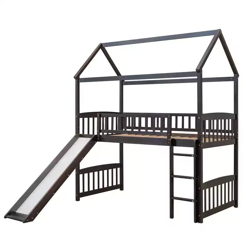 Cama alta doble con tobogán, estructura de cama alta tipo casita de madera con escalera y techo