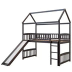 Cama alta doble con tobogán, estructura de cama alta tipo casita de madera con escalera y techo