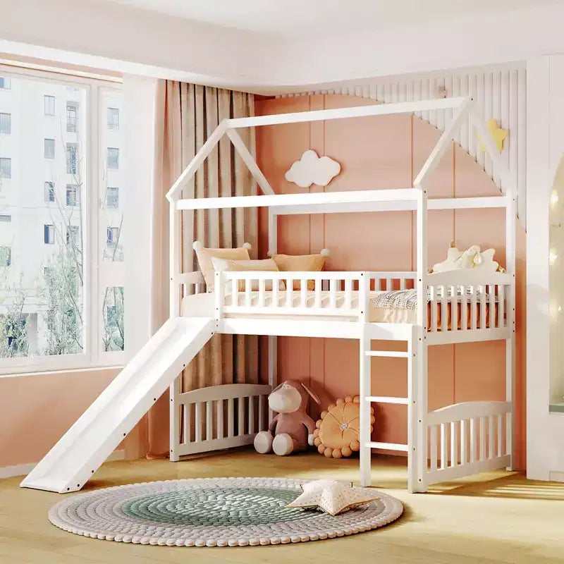 Cama alta doble con tobogán, estructura de cama alta tipo casita de madera con escalera y techo
