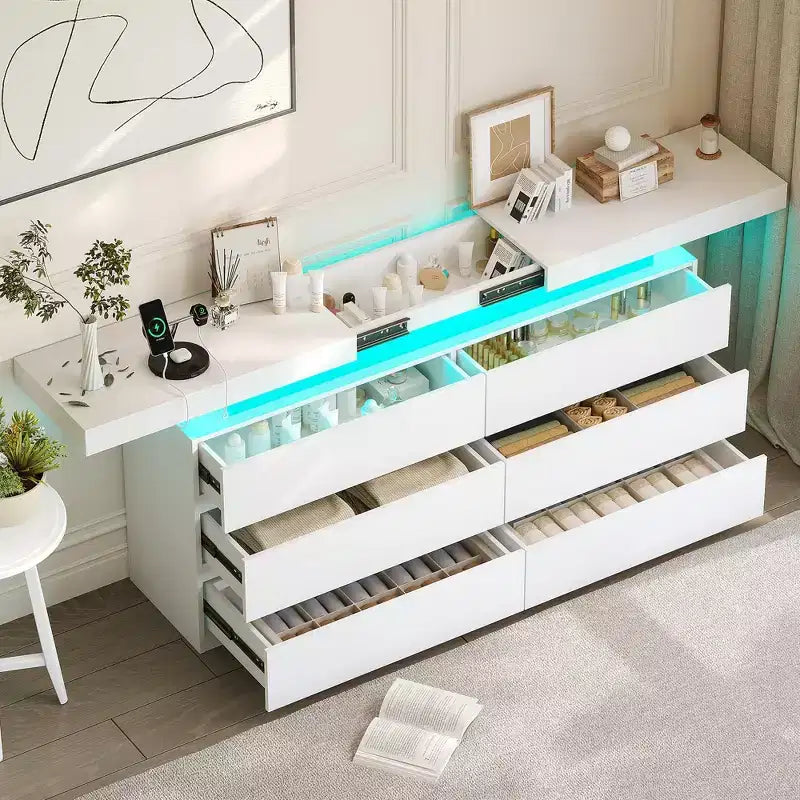 Tocador Dyonery Modern de 6 cajones con tapa deslizante, con cajones y organizador para dormitorio, armario y sala de estar