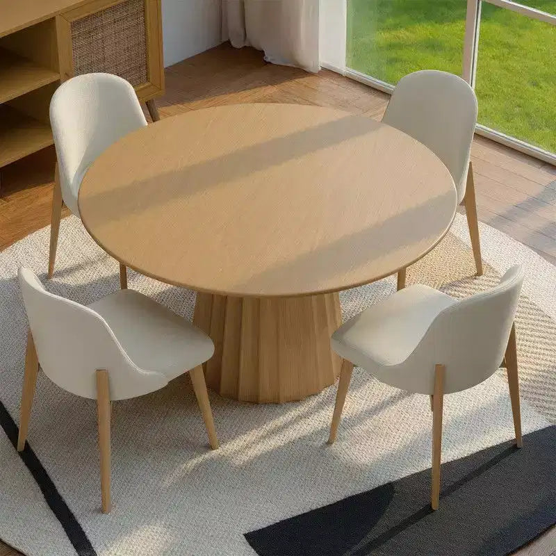 Juego de mesa de comedor redonda moderna PexFix 46 con 8 sillas tapizadas, tapa de madera texturizada natural, base de pedestal plisada, asientos beige para cocina comedor