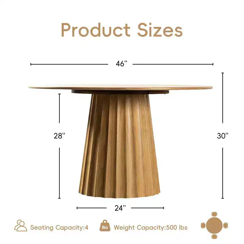 Juego de mesa de comedor redonda moderna PexFix 46 con 8 sillas tapizadas, tapa de madera texturizada natural, base de pedestal plisada, asientos beige para cocina comedor