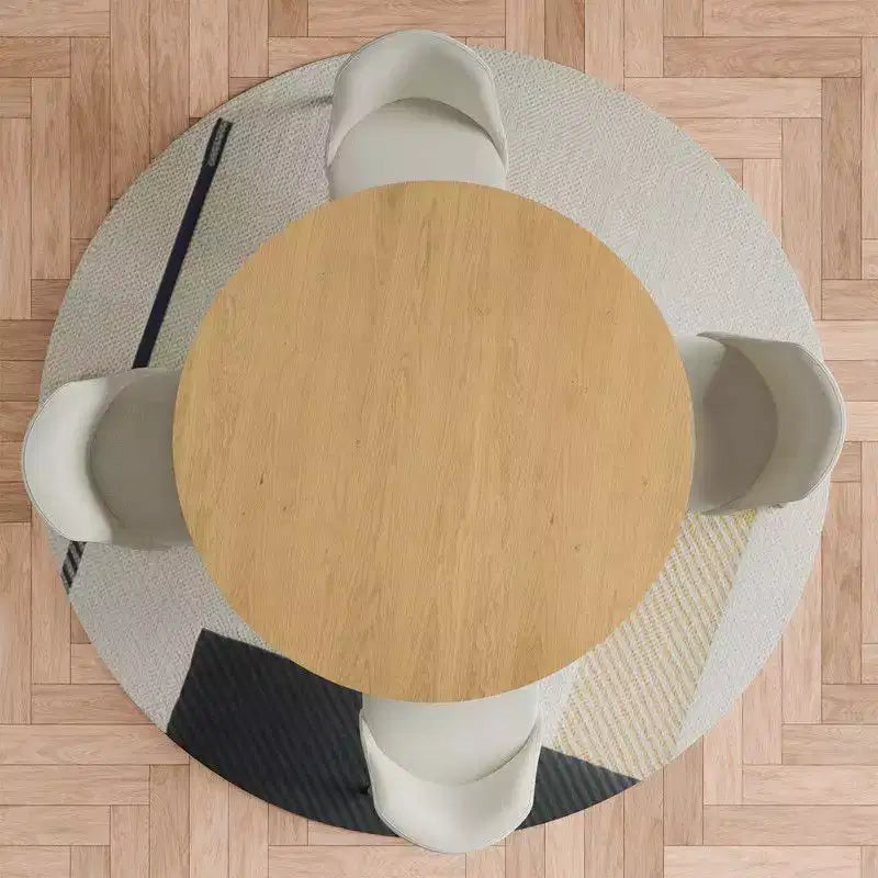 Juego de mesa de comedor redonda moderna PexFix 46 con 8 sillas tapizadas, tapa de madera texturizada natural, base de pedestal plisada, asientos beige para cocina comedor
