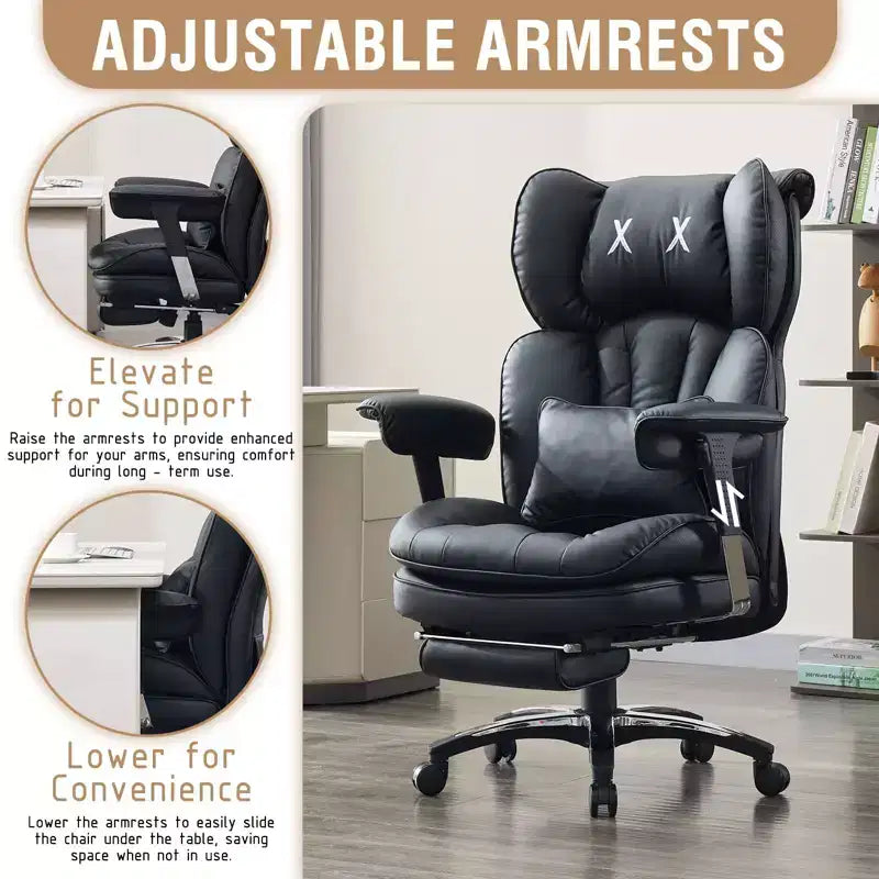 Sillón de oficina grande y alto con reposapiés - Silla de escritorio ejecutiva de respaldo alto Efomao con asiento ancho, reposabrazos ajustables, silla de ordenador ergonómica, color negro
