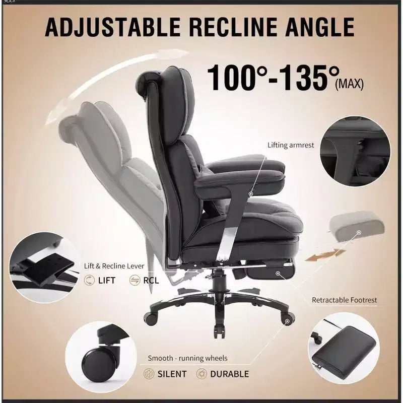 Sillón de oficina grande y alto con reposapiés - Silla de escritorio ejecutiva de respaldo alto Efomao con asiento ancho, reposabrazos ajustables, silla de ordenador ergonómica, color negro