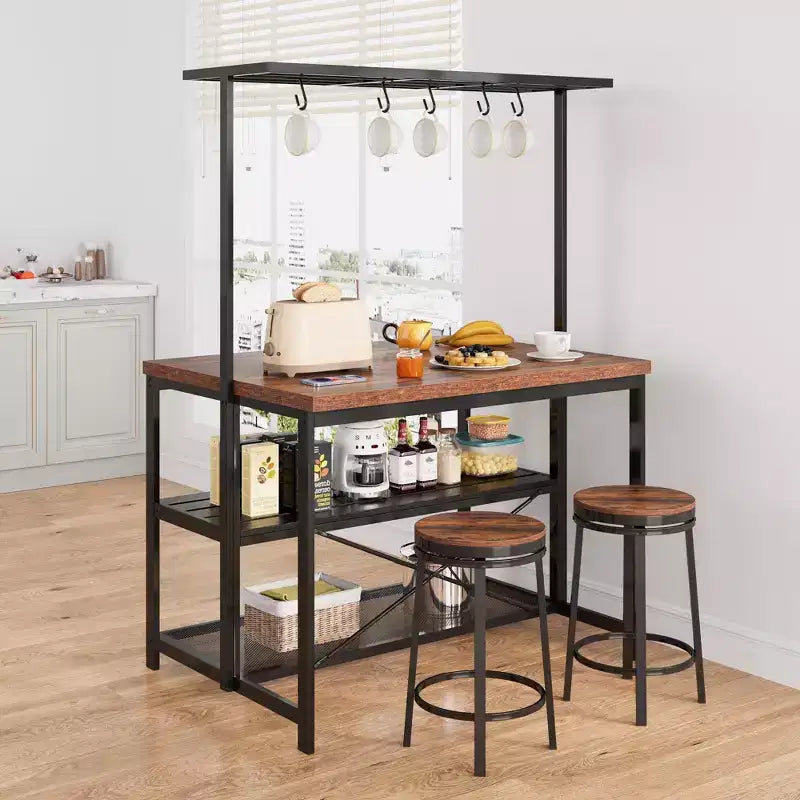 Coolmee Isla de Cocina de 42/47 pulgadas con Almacenamiento y Asientos - Estantería de 3 Niveles para Panadero, Soporte para Microondas, Mesa de Comedor para 4, 5 Ganchos y Capacidad de 50 lb