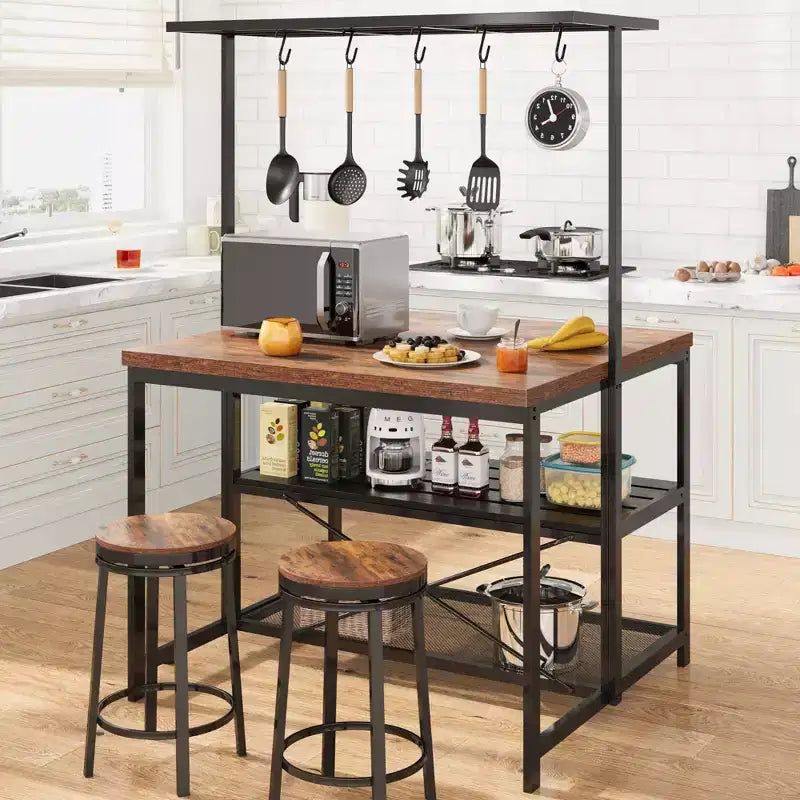 Coolmee Isla de Cocina de 42/47 pulgadas con Almacenamiento y Asientos - Estantería de 3 Niveles para Panadero, Soporte para Microondas, Mesa de Comedor para 4, 5 Ganchos y Capacidad de 50 lb