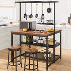 Coolmee Isla de Cocina de 42/47 pulgadas con Almacenamiento y Asientos - Estantería de 3 Niveles para Panadero, Soporte para Microondas, Mesa de Comedor para 4, 5 Ganchos y Capacidad de 50 lb