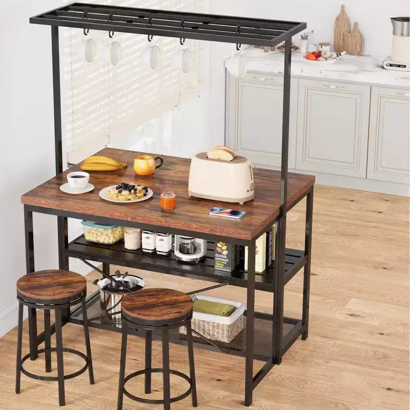 Coolmee Isla de Cocina de 42/47 pulgadas con Almacenamiento y Asientos - Estantería de 3 Niveles para Panadero, Soporte para Microondas, Mesa de Comedor para 4, 5 Ganchos y Capacidad de 50 lb