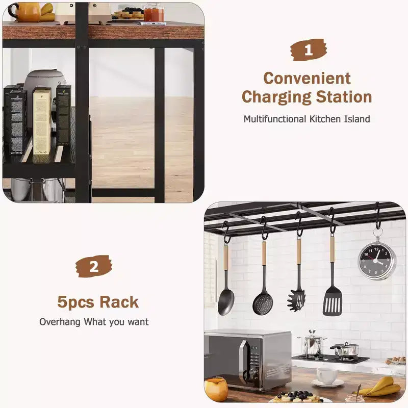 Coolmee Isla de Cocina de 42/47 pulgadas con Almacenamiento y Asientos - Estantería de 3 Niveles para Panadero, Soporte para Microondas, Mesa de Comedor para 4, 5 Ganchos y Capacidad de 50 lb