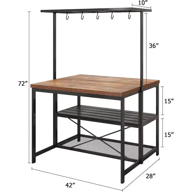 Coolmee Isla de Cocina de 42/47 pulgadas con Almacenamiento y Asientos - Estantería de 3 Niveles para Panadero, Soporte para Microondas, Mesa de Comedor para 4, 5 Ganchos y Capacidad de 50 lb