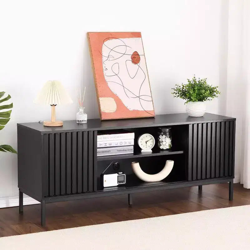 Mueble de TV negro para televisores de 32 a 65 pulgadas, centro de entretenimiento moderno con gabinetes de almacenamiento, mesa consola de TV para sala de estar