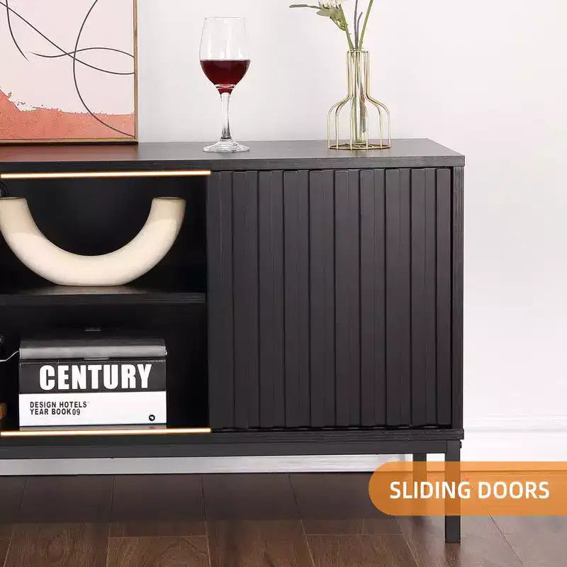 Mueble de TV negro para televisores de 32 a 65 pulgadas, centro de entretenimiento moderno con gabinetes de almacenamiento, mesa consola de TV para sala de estar