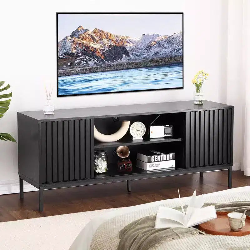 Mueble de TV negro para televisores de 32 a 65 pulgadas, centro de entretenimiento moderno con gabinetes de almacenamiento, mesa consola de TV para sala de estar