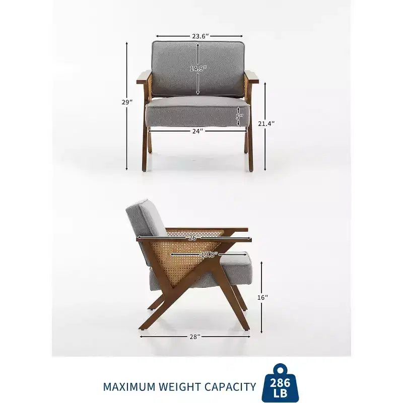 Sillón reclinable de ratán de mediados de siglo, sillón vintage tapizado en lino con estructura de madera maciza para sala de estar/dormitorio, capacidad de 130 kg, beige/gris (1 unidad)