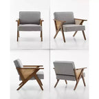 Sillón reclinable de ratán de mediados de siglo, sillón vintage tapizado en lino con estructura de madera maciza para sala de estar/dormitorio, capacidad de 130 kg, beige/gris (1 unidad)