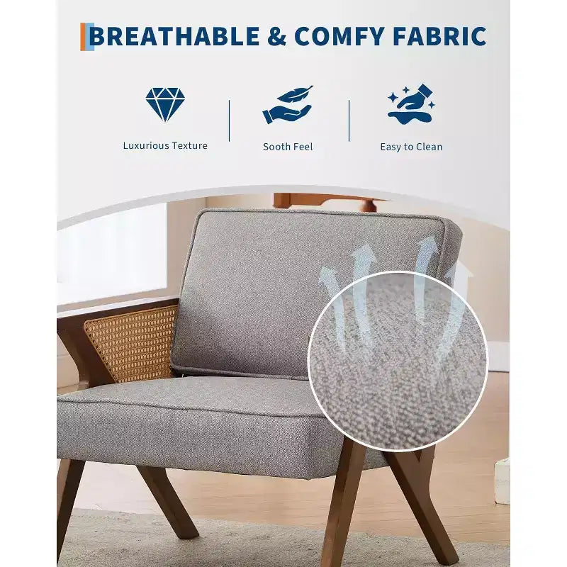 Sillón reclinable de ratán de mediados de siglo, sillón vintage tapizado en lino con estructura de madera maciza para sala de estar/dormitorio, capacidad de 130 kg, beige/gris (1 unidad)