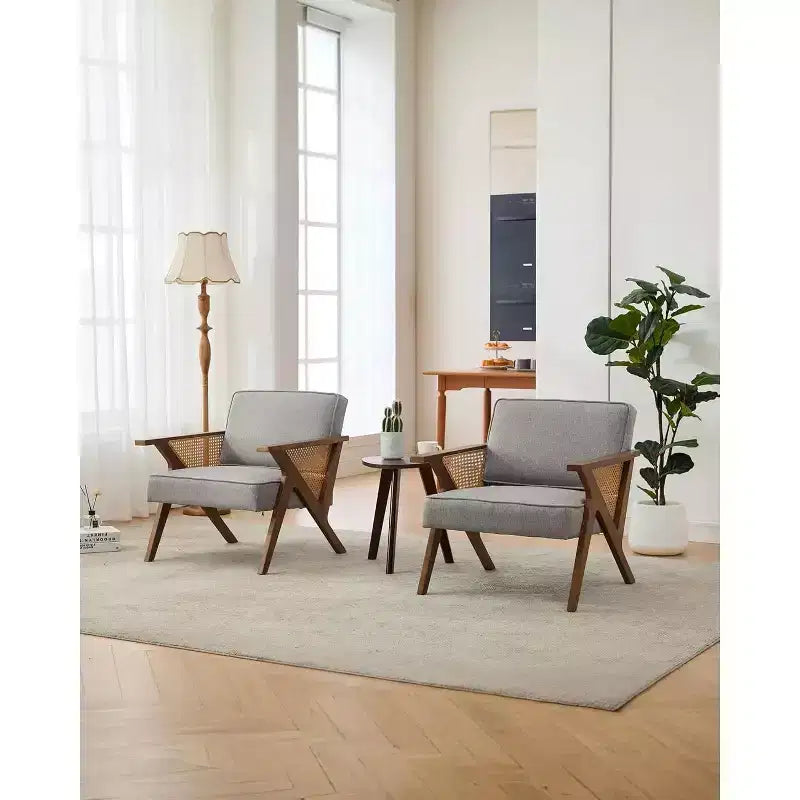 Sillón reclinable de ratán de mediados de siglo, sillón vintage tapizado en lino con estructura de madera maciza para sala de estar/dormitorio, capacidad de 130 kg, beige/gris (1 unidad)