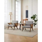 Sillón reclinable de ratán de mediados de siglo, sillón vintage tapizado en lino con estructura de madera maciza para sala de estar/dormitorio, capacidad de 130 kg, beige/gris (1 unidad)