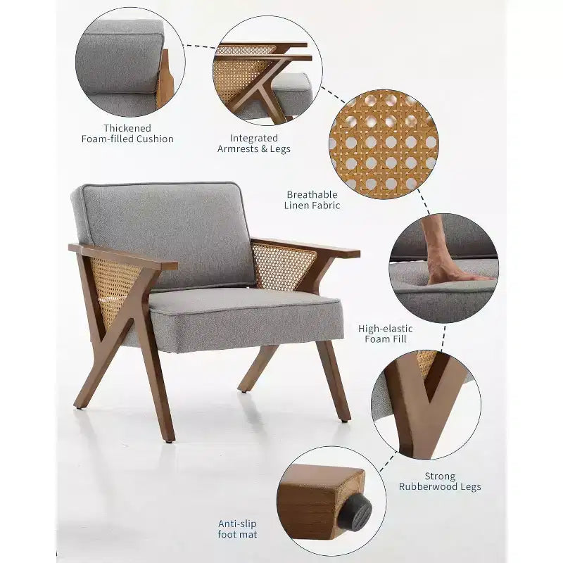 Sillón reclinable de ratán de mediados de siglo, sillón vintage tapizado en lino con estructura de madera maciza para sala de estar/dormitorio, capacidad de 130 kg, beige/gris (1 unidad)