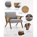 Sillón reclinable de ratán de mediados de siglo, sillón vintage tapizado en lino con estructura de madera maciza para sala de estar/dormitorio, capacidad de 130 kg, beige/gris (1 unidad)