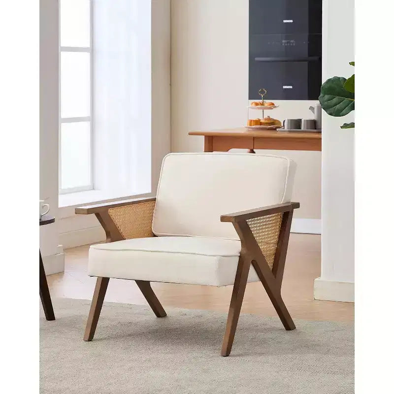 Sillón reclinable de ratán de mediados de siglo, sillón vintage tapizado en lino con estructura de madera maciza para sala de estar/dormitorio, capacidad de 130 kg, beige/gris (1 unidad)