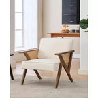 Sillón reclinable de ratán de mediados de siglo, sillón vintage tapizado en lino con estructura de madera maciza para sala de estar/dormitorio, capacidad de 130 kg, beige/gris (1 unidad)
