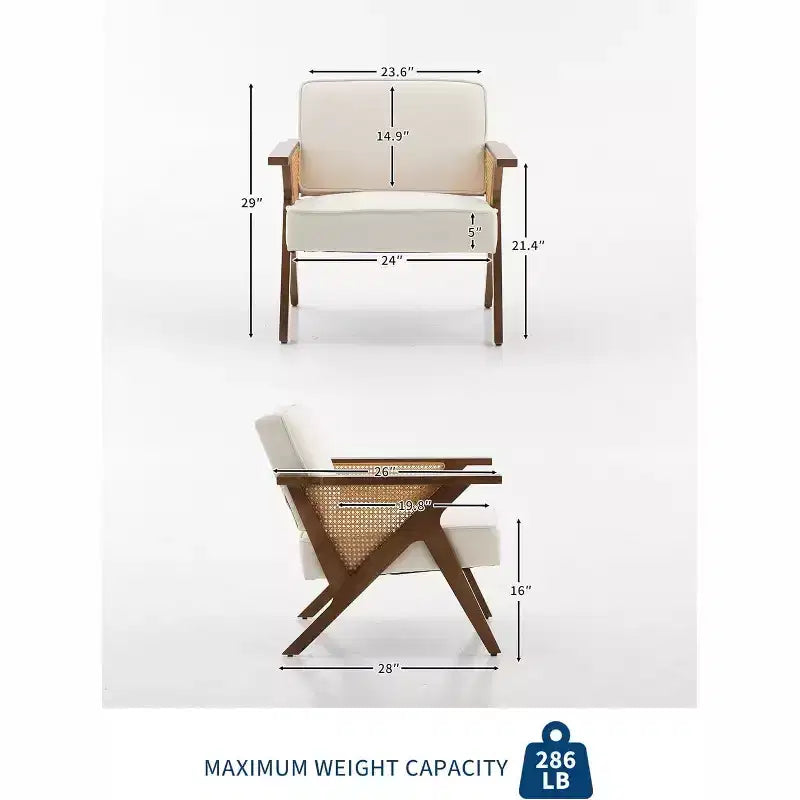 Sillón reclinable de ratán de mediados de siglo, sillón vintage tapizado en lino con estructura de madera maciza para sala de estar/dormitorio, capacidad de 130 kg, beige/gris (1 unidad)