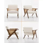 Sillón reclinable de ratán de mediados de siglo, sillón vintage tapizado en lino con estructura de madera maciza para sala de estar/dormitorio, capacidad de 130 kg, beige/gris (1 unidad)