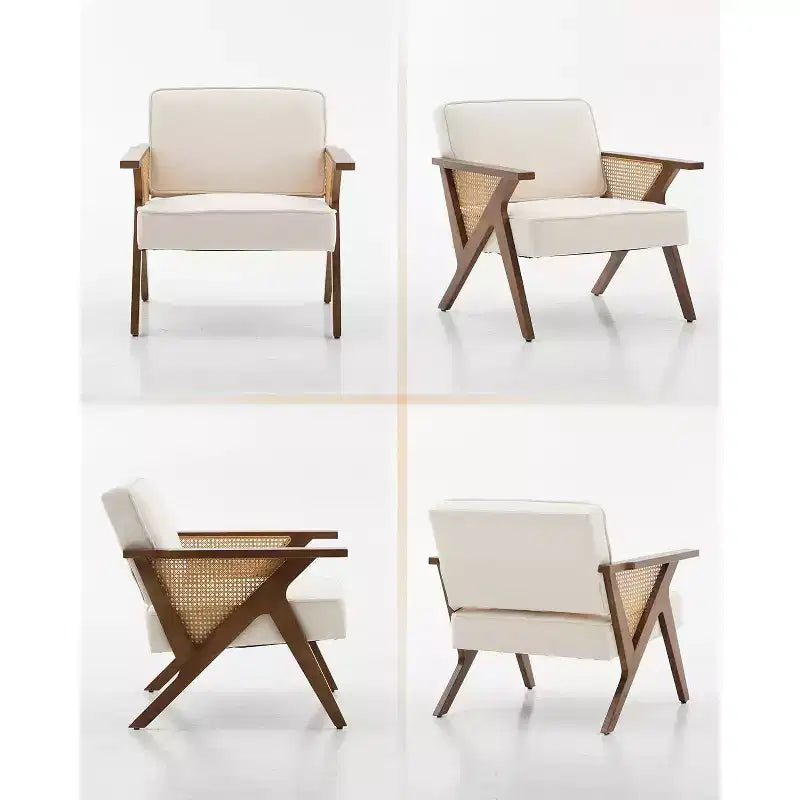 Sillón reclinable de ratán de mediados de siglo, sillón vintage tapizado en lino con estructura de madera maciza para sala de estar/dormitorio, capacidad de 130 kg, beige/gris (1 unidad)