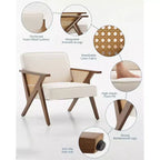 Sillón reclinable de ratán de mediados de siglo, sillón vintage tapizado en lino con estructura de madera maciza para sala de estar/dormitorio, capacidad de 130 kg, beige/gris (1 unidad)