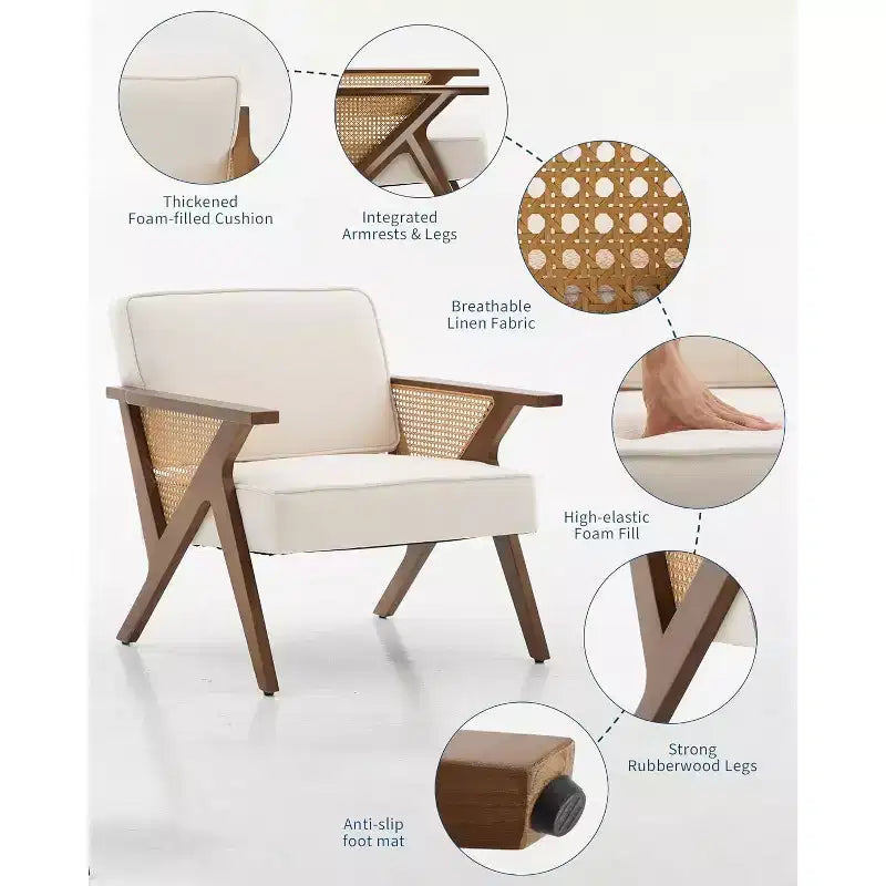 Sillón reclinable de ratán de mediados de siglo, sillón vintage tapizado en lino con estructura de madera maciza para sala de estar/dormitorio, capacidad de 130 kg, beige/gris (1 unidad)