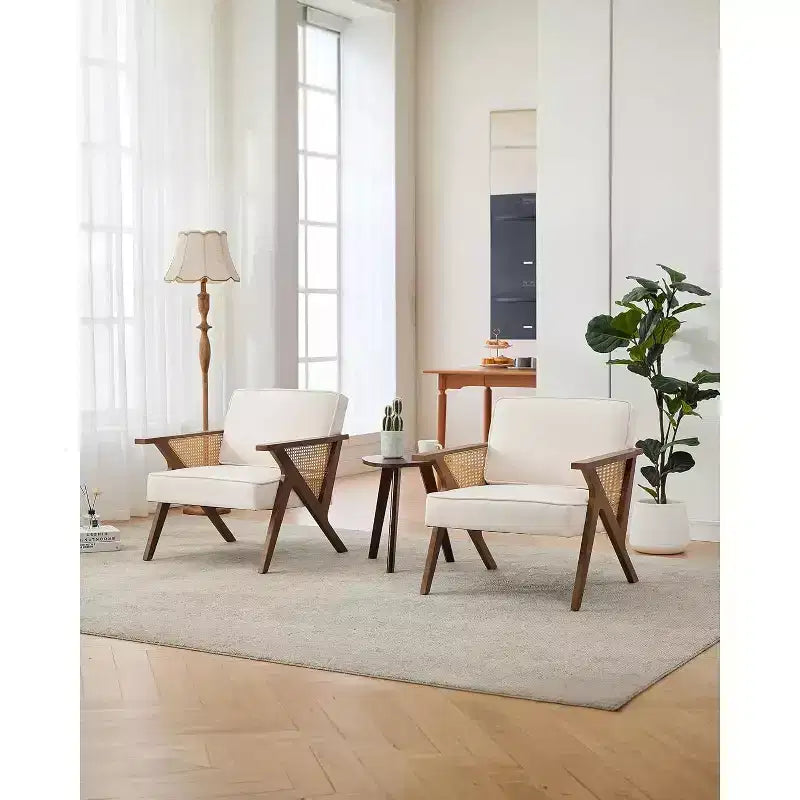 Sillón reclinable de ratán de mediados de siglo, sillón vintage tapizado en lino con estructura de madera maciza para sala de estar/dormitorio, capacidad de 130 kg, beige/gris (1 unidad)