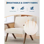 Sillón reclinable de ratán de mediados de siglo, sillón vintage tapizado en lino con estructura de madera maciza para sala de estar/dormitorio, capacidad de 130 kg, beige/gris (1 unidad)