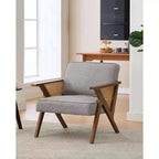 Sillón reclinable de ratán de mediados de siglo, sillón vintage tapizado en lino con estructura de madera maciza para sala de estar/dormitorio, capacidad de 130 kg, beige/gris (1 unidad)