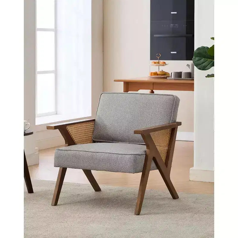 Sillón reclinable de ratán de mediados de siglo, sillón vintage tapizado en lino con estructura de madera maciza para sala de estar/dormitorio, capacidad de 130 kg, beige/gris (1 unidad)