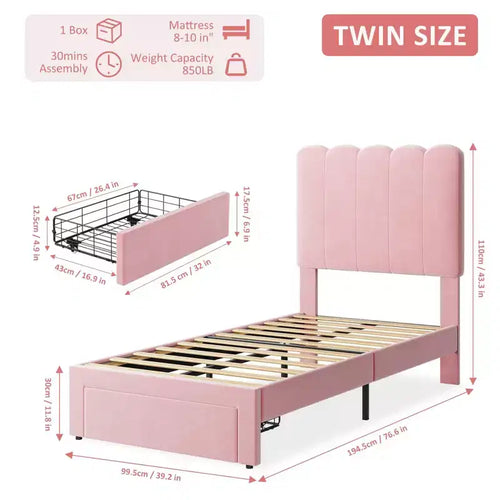 2 sets de base de cama individual con cajón debajo de la cama, plataforma de cama tapizada en terciopelo con cabecero ondulado, no necesita somier