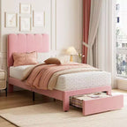 2 sets de base de cama individual con cajón debajo de la cama, plataforma de cama tapizada en terciopelo con cabecero ondulado, no necesita somier