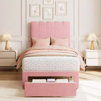 2 sets de base de cama individual con cajón debajo de la cama, plataforma de cama tapizada en terciopelo con cabecero ondulado, no necesita somier