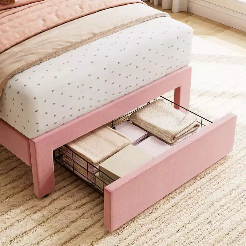 2 sets de base de cama individual con cajón debajo de la cama, plataforma de cama tapizada en terciopelo con cabecero ondulado, no necesita somier