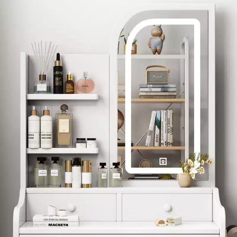 Tocador de maquillaje Tocador con espejo iluminado de 3 modos, cajones y estantes abiertos, blanco - ModernLuxe