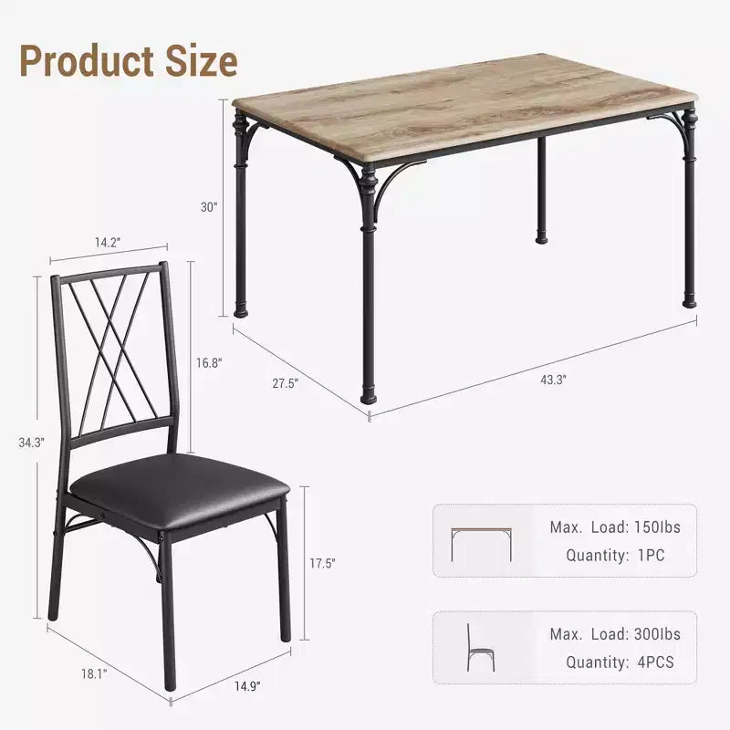 Juego de mesa de comedor para 4 personas con 4 sillas de metal y mesa de comedor rectangular moderna de madera para interiores, 5 piezas