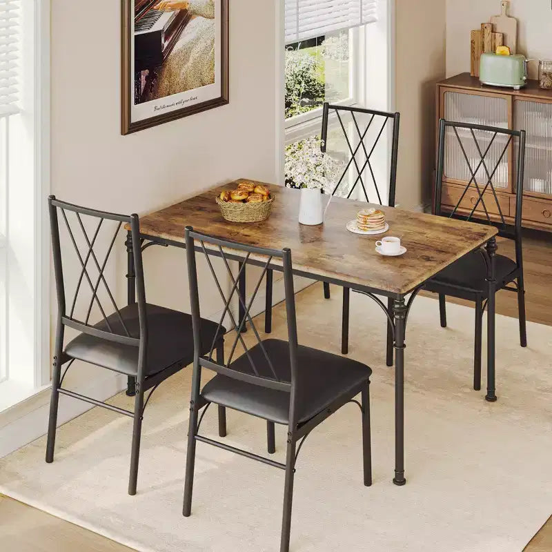 Juego de mesa de comedor para 4 personas con 4 sillas de metal y mesa de comedor rectangular moderna de madera para interiores, 5 piezas