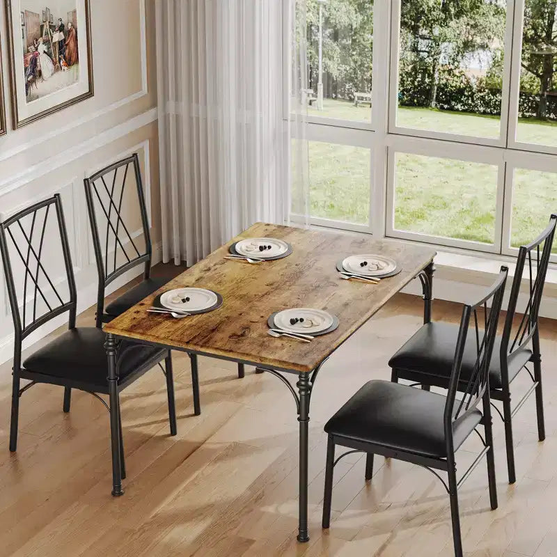 Juego de mesa de comedor para 4 personas con 4 sillas de metal y mesa de comedor rectangular moderna de madera para interiores, 5 piezas